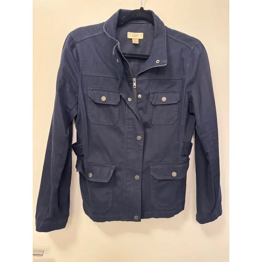 Ann Taylor LOFT Size Small Navy Safari Utility Style Cotton Preppy Casual Jacket